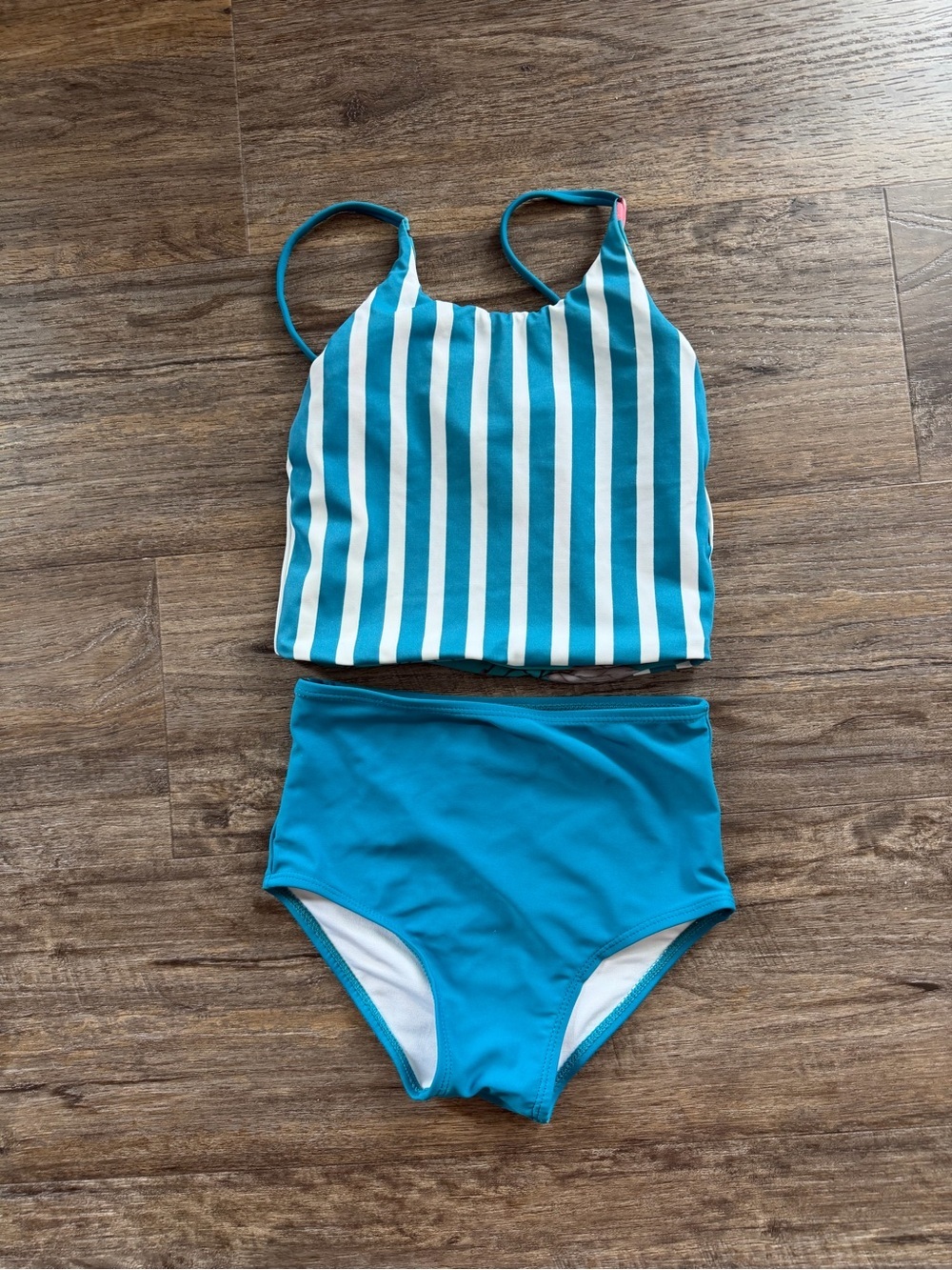 Coral Reef Girls Teal Floral Tankini Reversible Swim Set Floral Stripes 4/5T